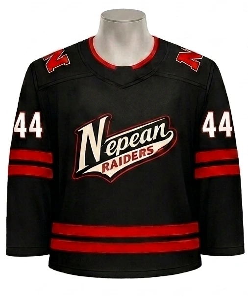 Black Nepean Raiders hockey jersey supplied by Suit Up Tailors