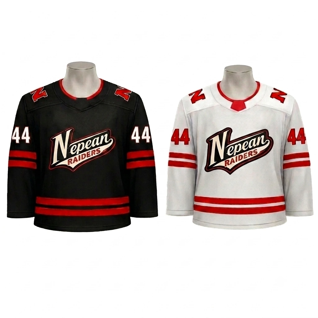 Black and white Nepean Raiders hockey jerseys supplied by Suit Up Tailors
