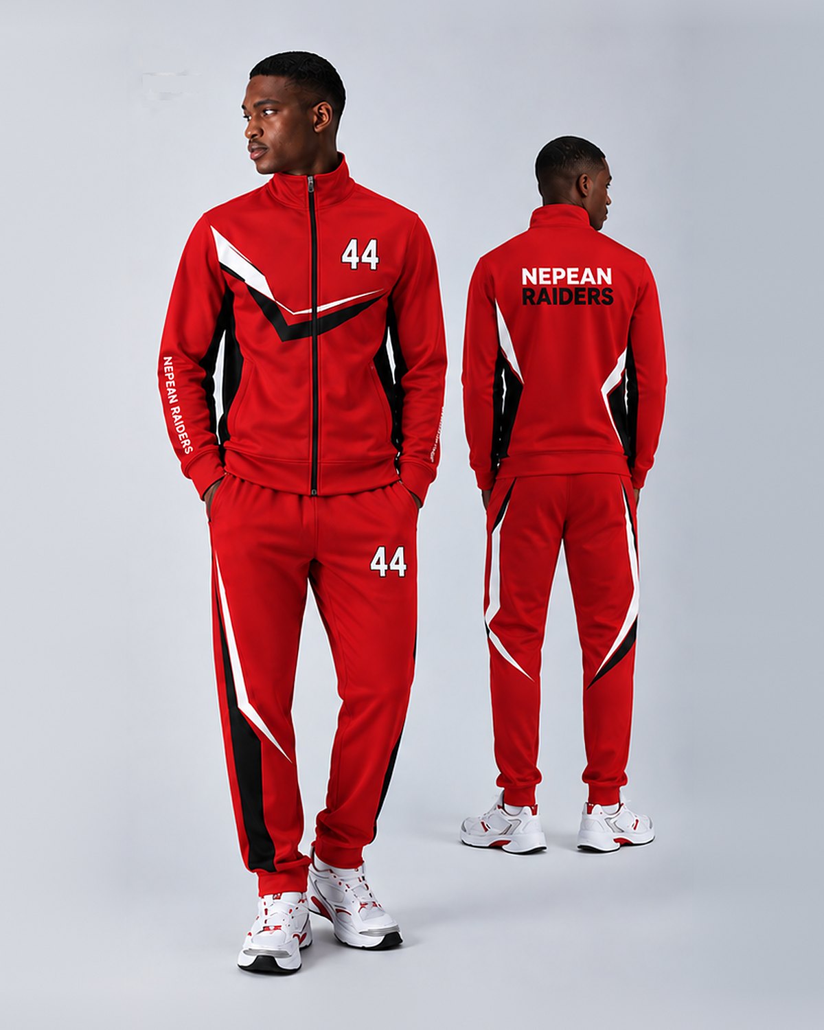 Custom red team tracksuit with matching track pants, front and back, by Suit Up Tailors