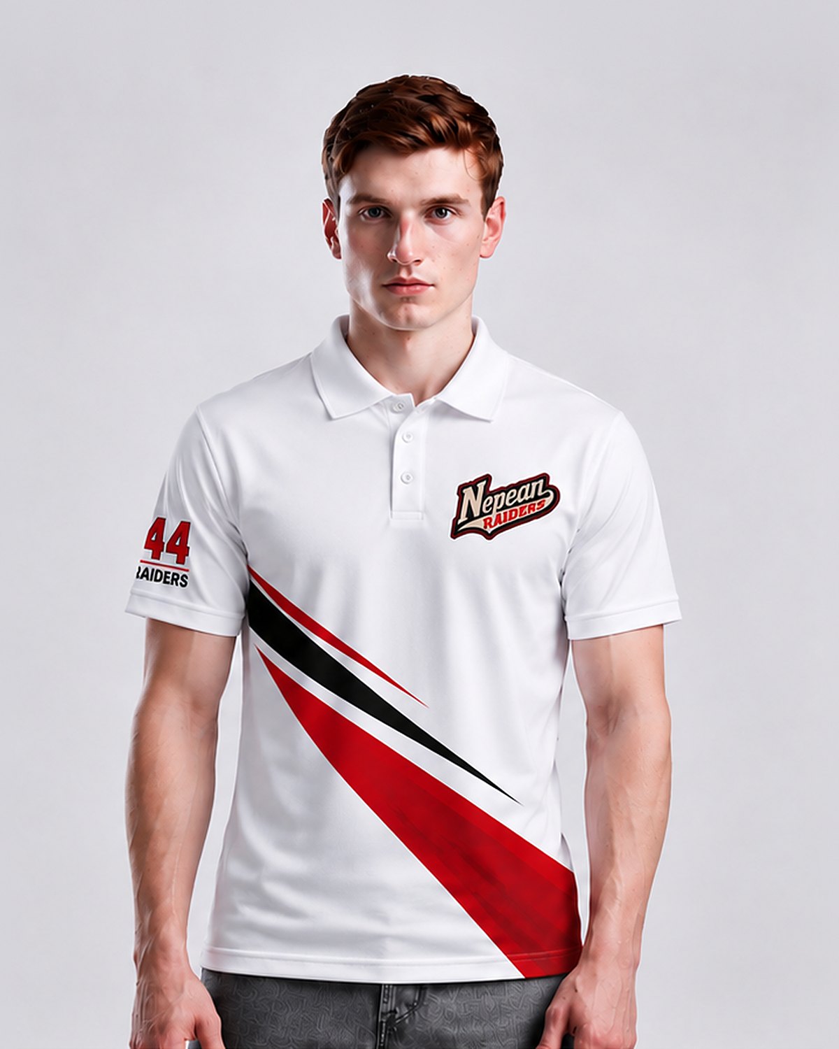 Custom white team polo shirt with red and black graphics and crest by Suit Up Tailors