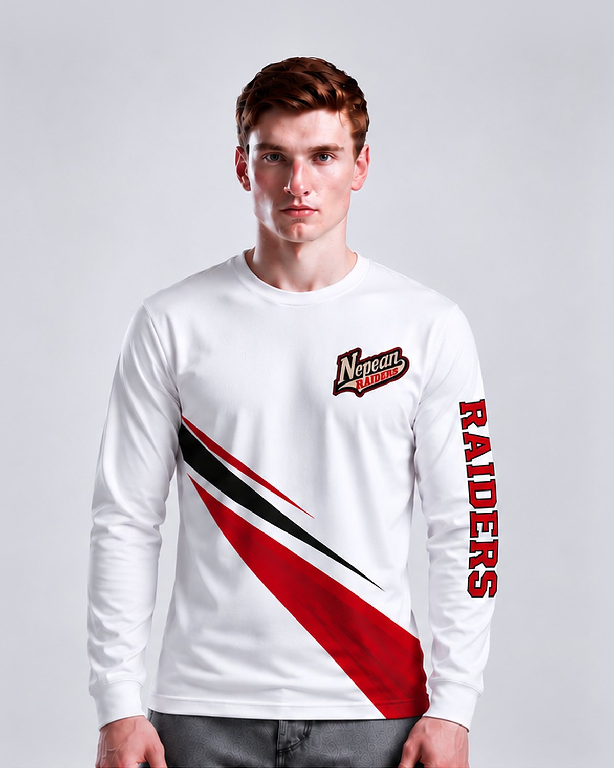 Custom white long-sleeve team shirt with red and black graphics and sleeve lettering by Suit Up Tailors