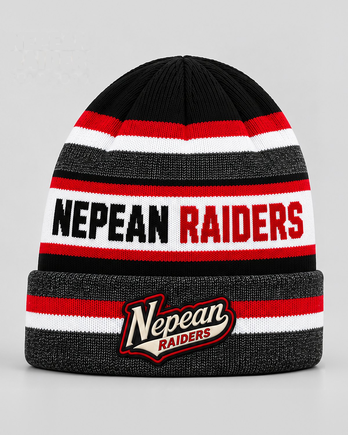 Custom striped team toque with embroidered crest patch by Suit Up Tailors