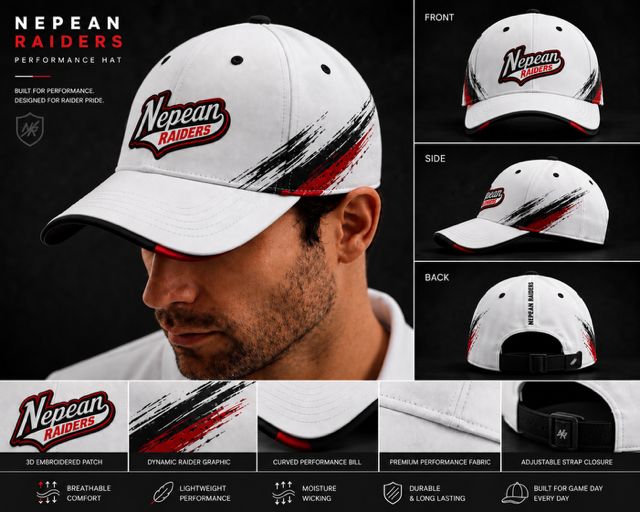 Custom white team baseball cap with red and black crest embroidery by Suit Up Tailors