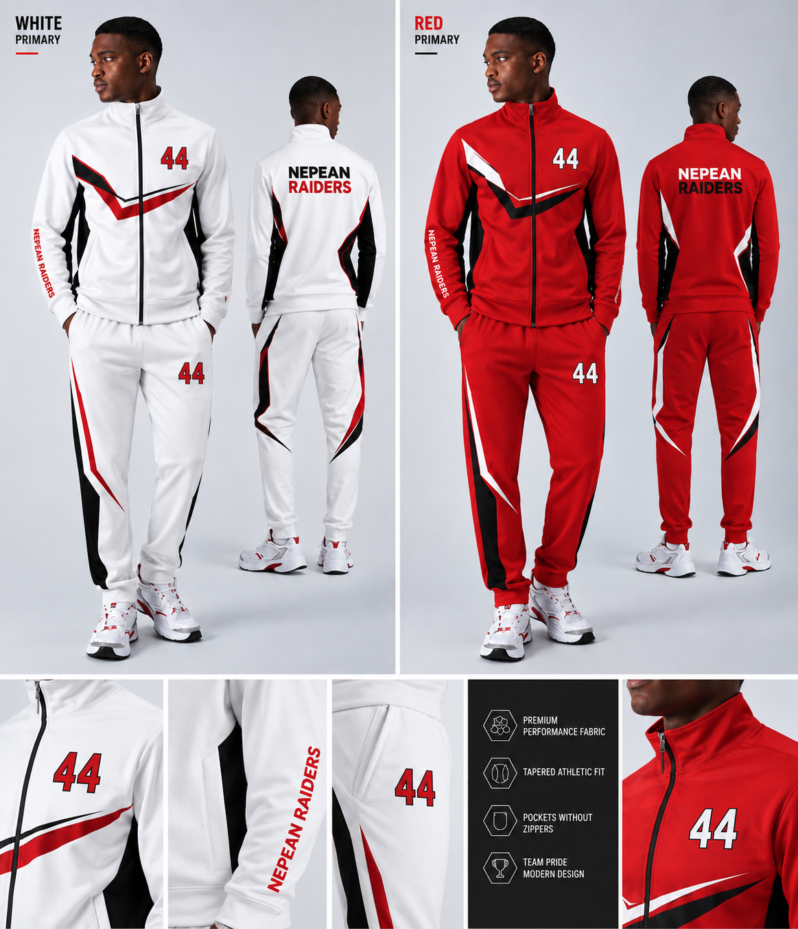 Custom white and red team warm-up suit jacket and pants, front and back views, by Suit Up Tailors